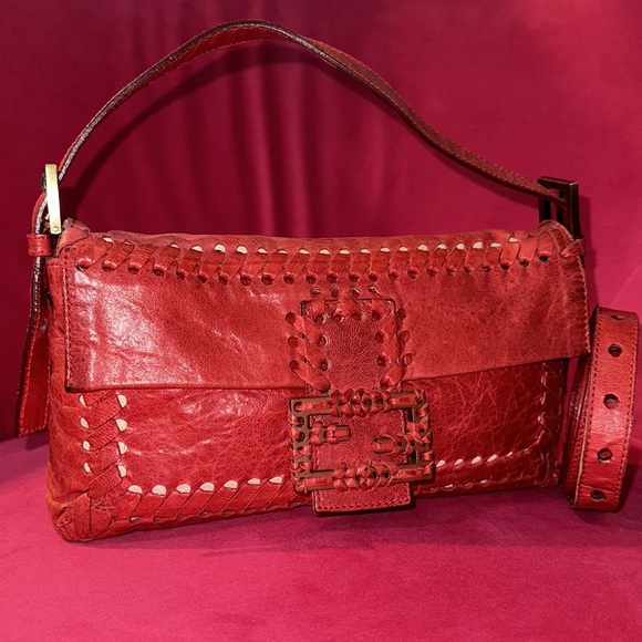 Fendi Handbags - Fendi red leather whipstitch mama baguette shoulder crossbody convertible bag